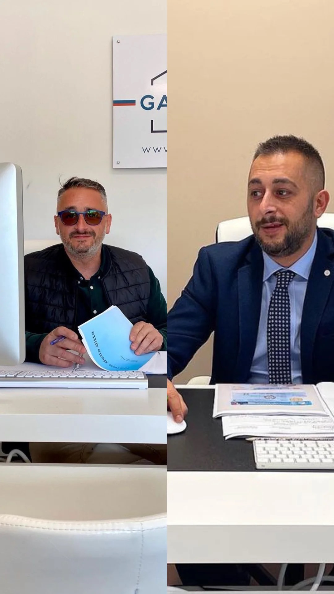 Domenico e Giuseppe Fama nell'ufficio di F.G. Costruzioni a Sirmione